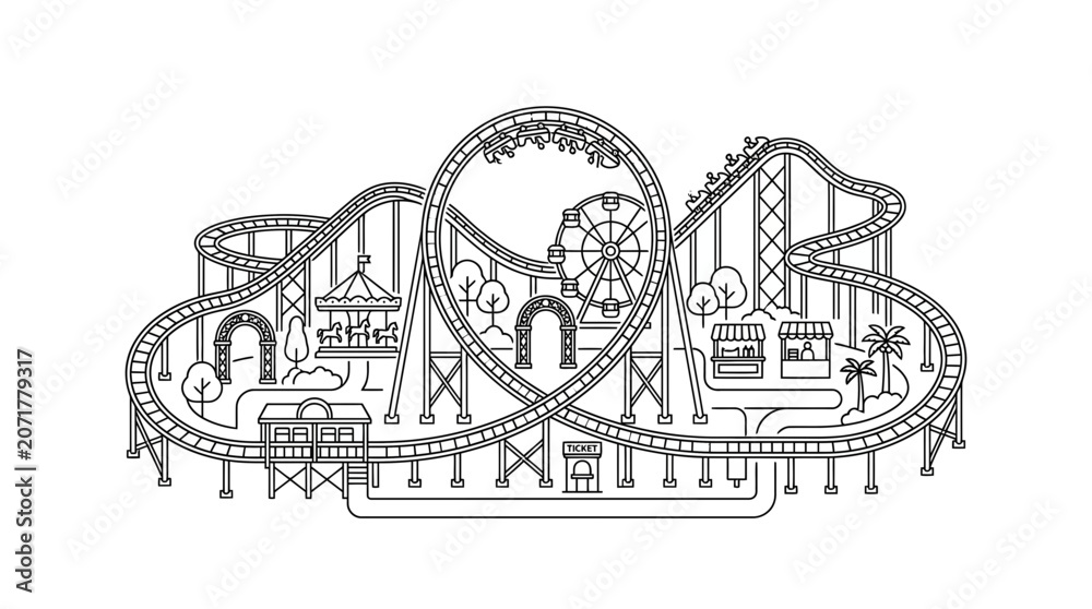 Obraz premium Minimalist Line Art Illustration of an Amusement Park with Roller Coaster Ferris Wheel and Carousel