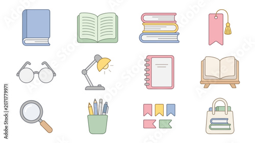 Reading and Book Accessories Flat Vector Icons Collection Set