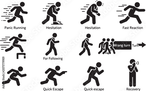 Photos Set of black stick figure human icons showing various running and movement actio