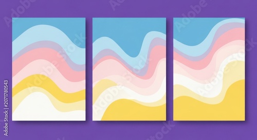 Three identical abstract art panels with wavy pastel layers on a purple background.