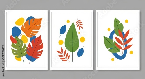 Vibrant leaf illustrations in a modern art style, displayed as a triptych on a clean white background.