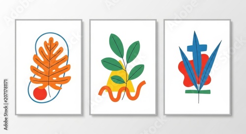 A series of three abstract plant designs on white backgrounds.