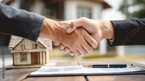 Handshake Between Two People with a Small House Model and Document in Outdoor Setting