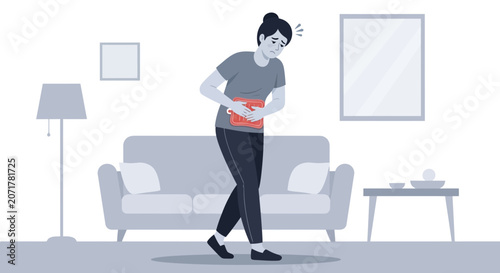 Woman Experiencing Abdominal Pain With Hot Water Bottle, Unwell And Seeking Relief