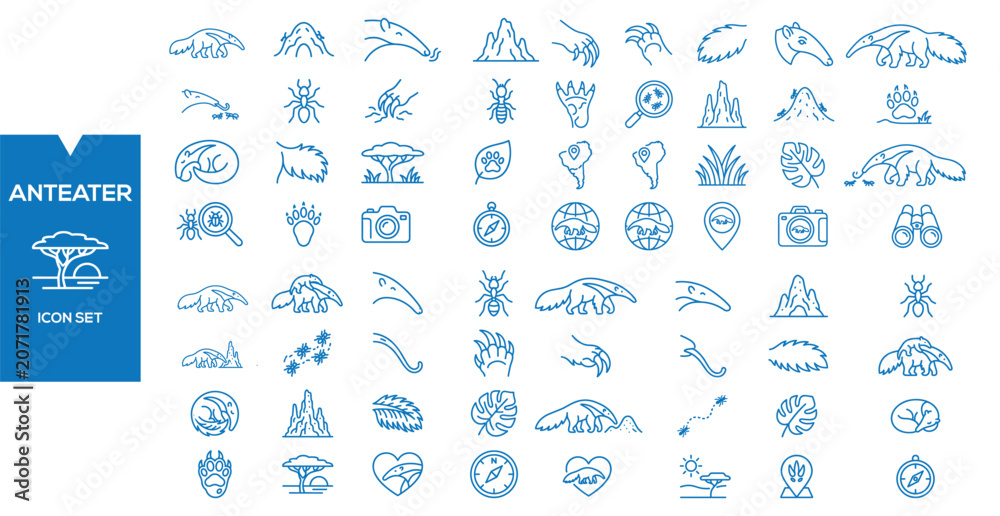 Obraz premium Anteater Icon Set Collection: A comprehensive collection of line art icons featuring anteaters, ant hills, footprints, magnifying glasses, cameras, compasses, trees, and natural elements.
