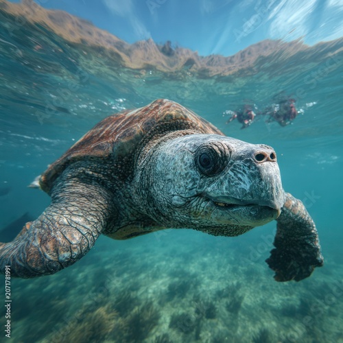 Large Sea Turtle Swimming Underwater with Mountain Landscape in the Background