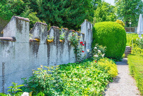 Garden scene with green bushes and flowers in a well-maintained landscape surrounded by a stone wall on a sunny day