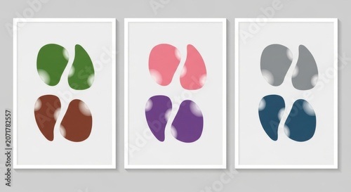 A series of three images showing paired shapes in different colors arranged in a row.