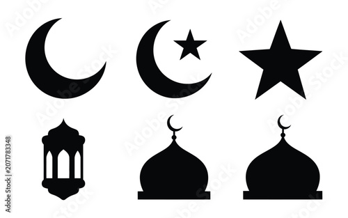 Canvas Print Collection of black islamic symbols including crescent moon stars lanterns and mosques
