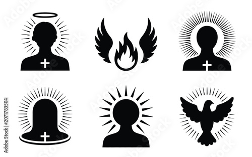 Foto Christian icons featuring figures with halos crosses and sacred holy spirit dove symbols