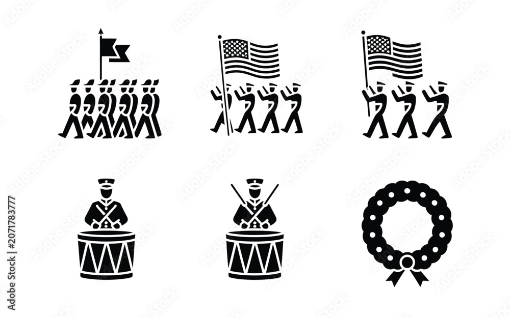 Fototapeta premium Military parade and ceremony icon set with marching soldiers drum players and wreath arts.