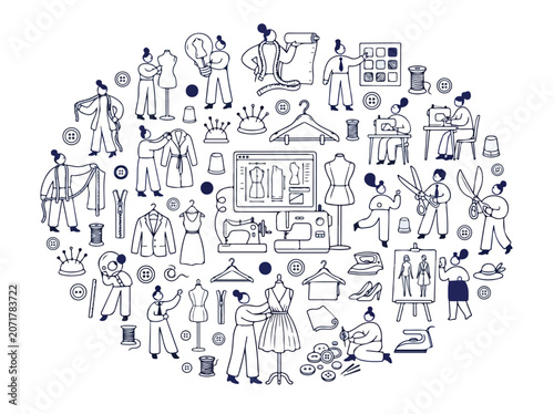 Foto Tailoring and dressmaking line art icons set, fashion designer workshop vector i