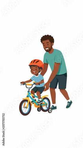2d flat vector illustration of black father teaching child how to ride a bicycle, emotional parenting moment and timeless family bonding concept