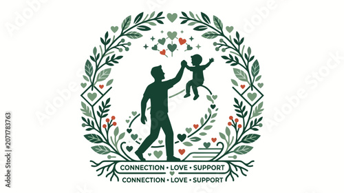 2d flat vector illustration of symbolic fatherhood concept using connected silhouettes, hearts and supportive gestures, minimalist evergreen design