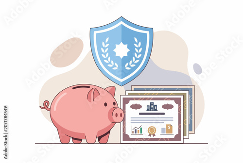 Financial Security Shield Protecting Piggy Bank and Documents