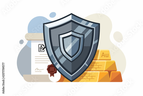 Financial Security Shield Protecting Gold Bars and Legal Documents