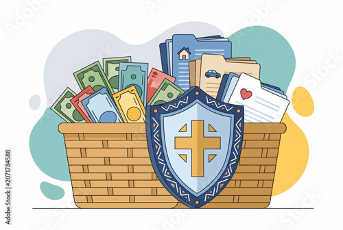 Financial Security Shield Protecting Basket of Money and Documents
