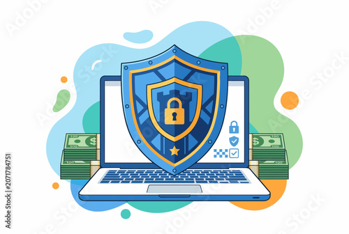 Financial Security Shield Protecting Laptop and Money Online