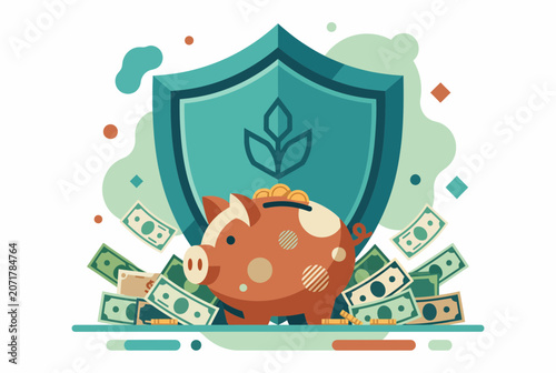 Financial Security Shield Protecting Piggy Bank and Cash