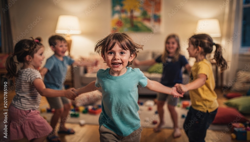 Obraz premium Young players dancing in a circle one childs expressive face crisp and clear surrounded by softly blurred peers and cozy indoor setting emphasizing energetic fun inside.