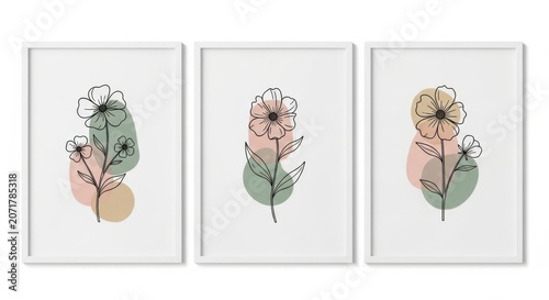 Three abstract botanical artworks displayed side by side on a white background.