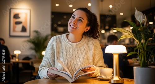 A happy young woman smiling and holding an open book at a cozy cafe table under warm golden lighting