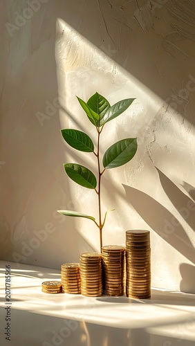 A plant grows from stacked coins in sunlight