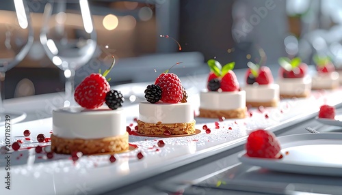 A row of small cheesecakes with berry toppings on a white plate