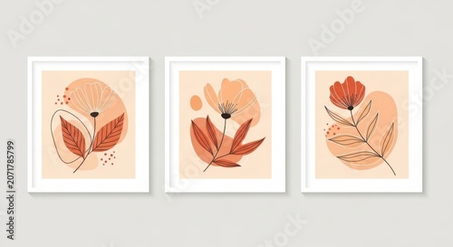 A set of three framed illustrations featuring red leaves and flowers against a peach background.