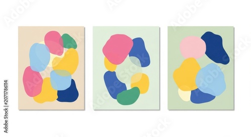 A series of three abstract art panels with colorful shapes on different backgrounds.