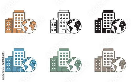 Global business corporation icon set, international company symbols, worldwide communication network, finance corporate enterprise vector collection