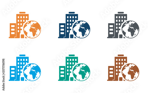 Global business corporation icon set, international company symbols, worldwide communication network, finance corporate enterprise vector collection