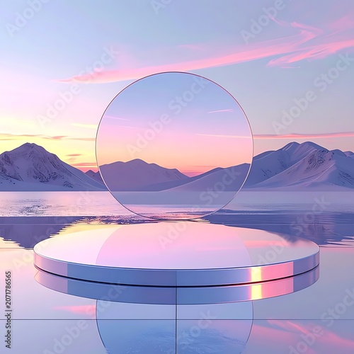 A serene mountain landscape with a reflective circular platform