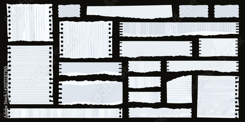 Torn notebook paper pieces with perforated edges a vector illustration on a black background scraps