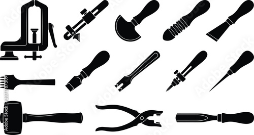 Tableau sur toile Professional Leathercraft Stitching and Cutting Tool Silhouette Icon Set Featuri