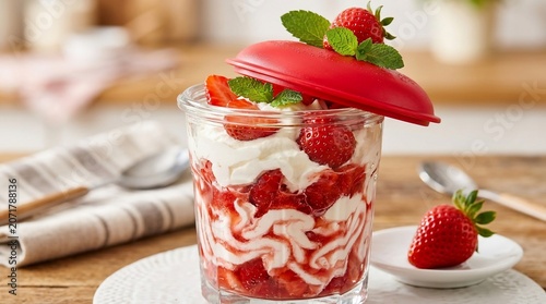 Delicious strawberry dessert in a glass with whipped cream and fresh mint leaves