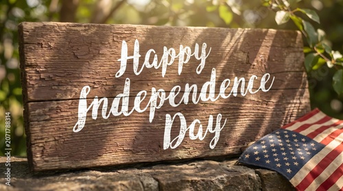 Rustic wooden sign with Happy Independence Day text and American flag