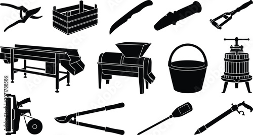 Bild auf Leinwand Professional Viticulture and Winemaking Tool Silhouette Icon Set Featuring Grape