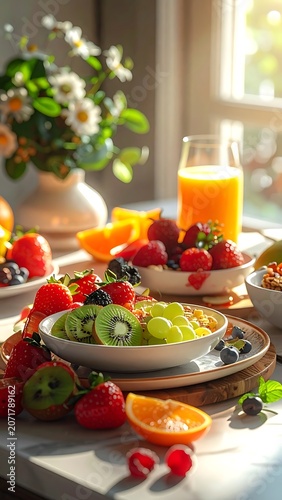 A still life of mixed fruit and a glass of juice on a table