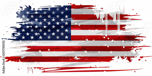 American Flag Illustration With Grunge Texture And Distressed Stripes On White Background stars united states