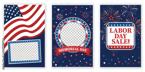 Принти на полотні American Holiday Collection: A patriotic montage featuring US flag elements, festive fireworks, and holiday sale advertisements for Memorial Day and Labor Day, perfect for celebratory promotions