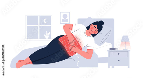 Woman Experiencing Abdominal Pain in Bed with Hot Water Bottle for Comfort and Relief