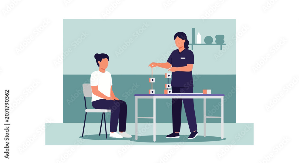 Fototapeta premium Therapist guiding patient with block tower exercise for rehabilitation