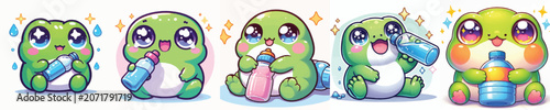 Konstfotografi Vector of a cute cartoon frog character drinking from a water bottle