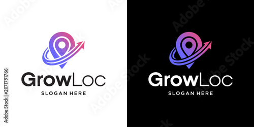 Fotografie A stylized logo featuring a location pin and swoosh curves on a white and black