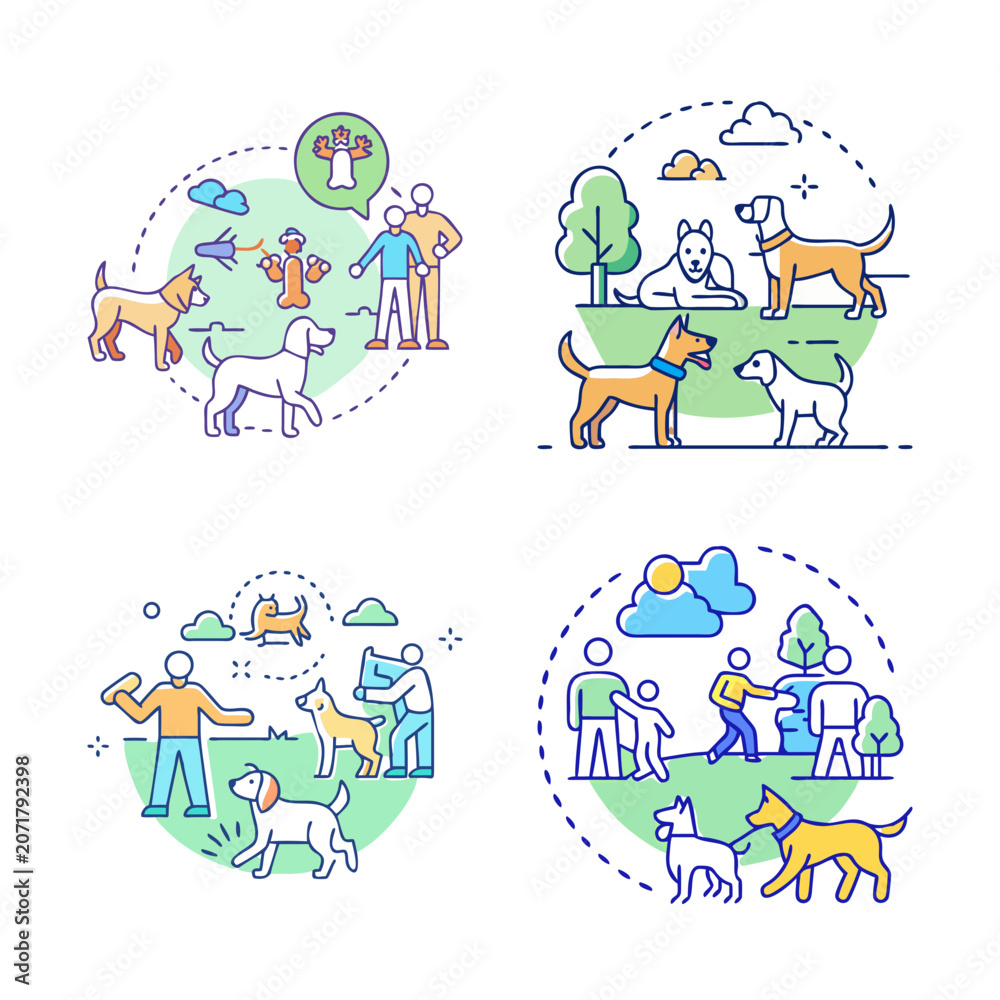 Fototapeta premium Happy people enjoying diverse outdoor activities together - Illustrated vector showing groups of people engaging in fun outdoor activities like hiking, camping, and community events.