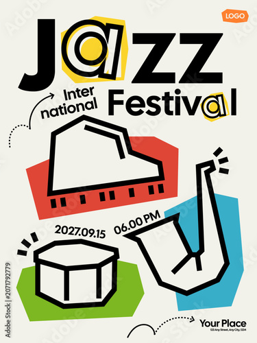 Jazz Music Festival Poster Template with Abstract Outline of Piano, Saxophone, Drum