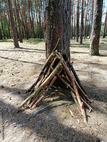 A small hut made of branches, built at the base of a tree.