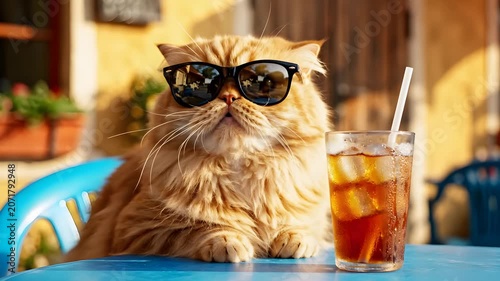 Funny Persian cat wearing black sunglasses sitting at an outdoor blue table next to a refreshing iced drink with a straw