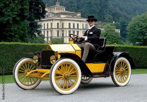 Man in Suit Driving Vintage Yellow and Black Car at Estate